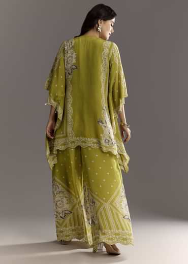 Light Green Floral Printed Kaftaan Kurta With Moti Work Palazzo And Side Pouch Bag