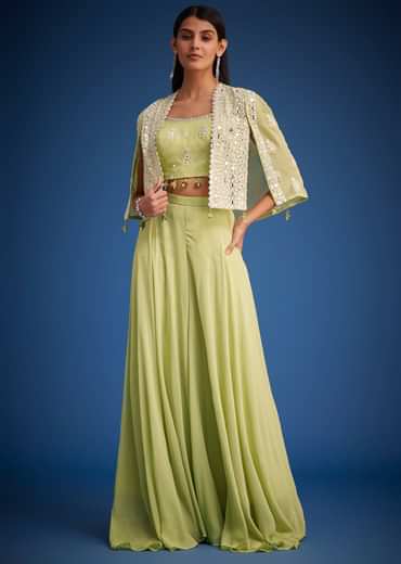 Light Green Georgette Embroidered Cape Palazzo Set