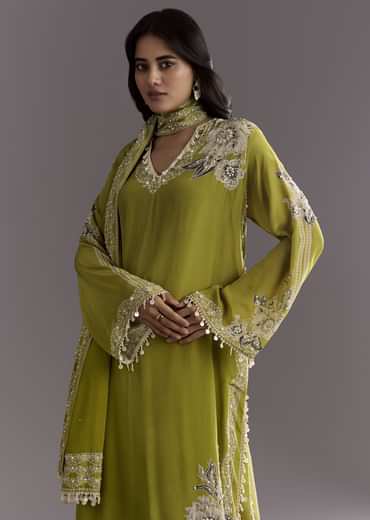 Light Green Moti Embroidered Kurta With Printed Palazzo