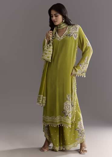 Light Green Moti Embroidered Kurta With Printed Palazzo