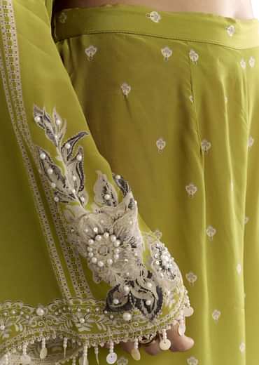 Light Green Moti Embroidered Kurta With Printed Palazzo