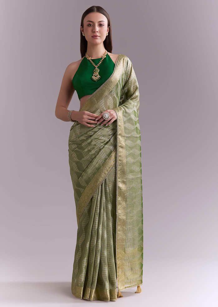 Light Green Tissue Saree With Subtle Weave And Zari Border