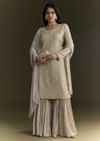 Light Grey Cutdana Zardosi Embroidered Kurta With Scallop Border Dupatta
