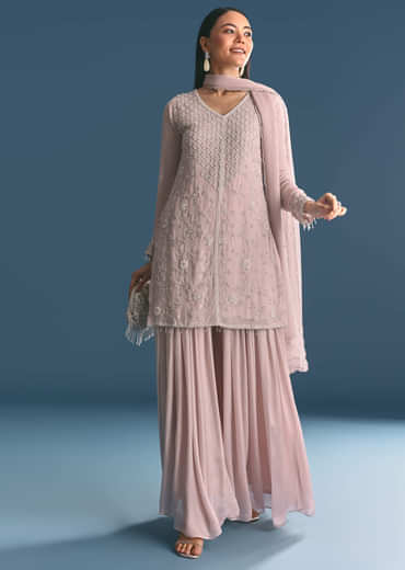 Light Lavender Chinon Kurta Palazzo Suit With Moti Cutdana Work