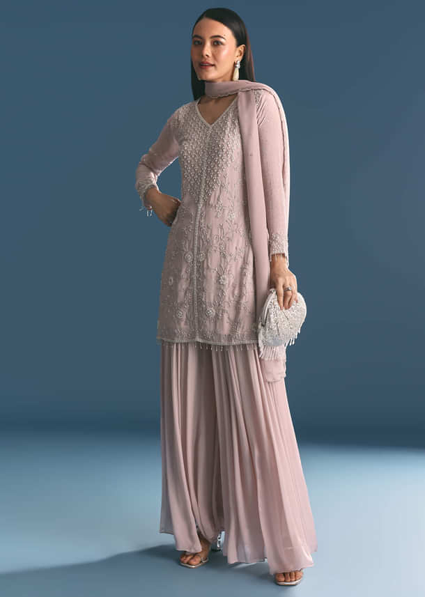 Light Lavender Chinon Kurta Palazzo Suit With Moti Cutdana Work Light Lavender Chinon Kurta Palazzo Suit With Moti Cutdana Work