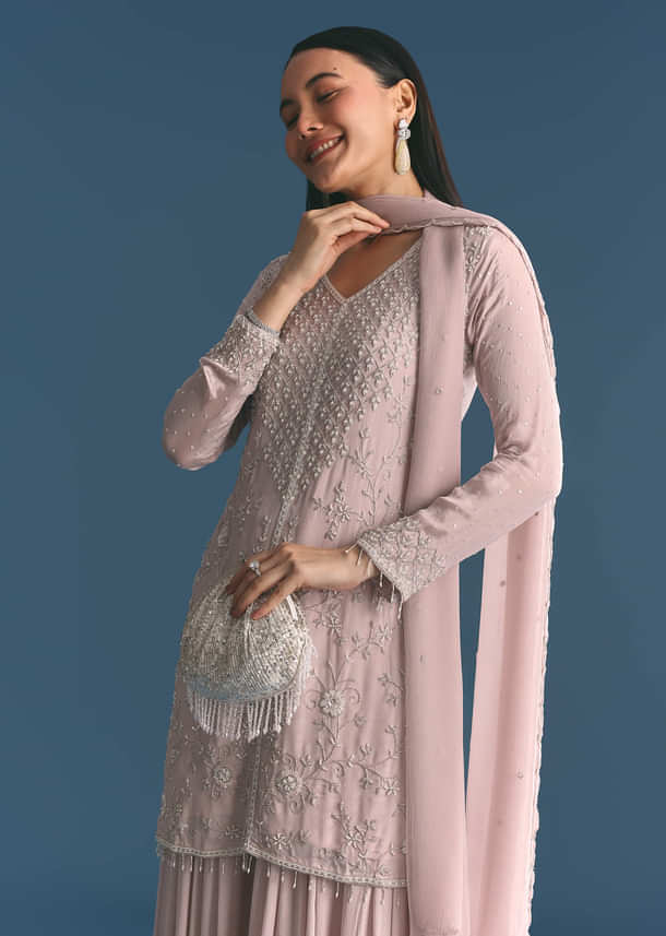 Light Lavender Chinon Kurta Palazzo Suit With Moti Cutdana Work Light Lavender Chinon Kurta Palazzo Suit With Moti Cutdana Work