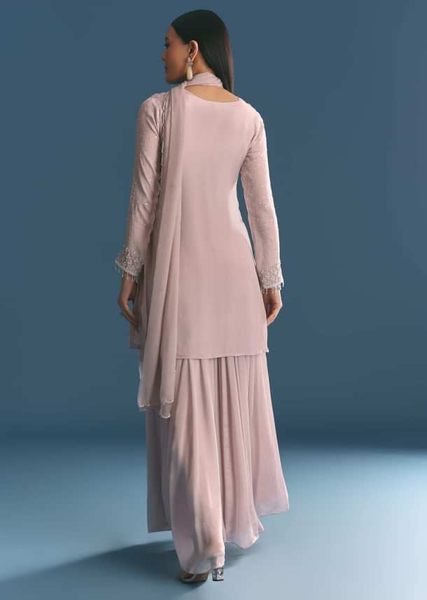 Light Lavender Chinon Kurta Palazzo Suit With Moti Cutdana Work Light Lavender Chinon Kurta Palazzo Suit With Moti Cutdana Work