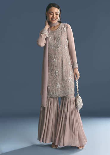 Light Lavender Chinon Kurta Sharara Suit With Moti Work