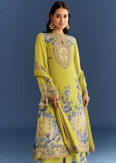 Light Lime Green Cotton Muslin Kurta Palazzo Suit With Chinon Dupatta