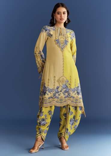 Light Lime Green Cotton Muslin Kurta With Floral Print Dhoti