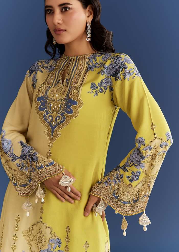 Light Lime Green Cotton Muslin Kurta With Floral Print Dhoti