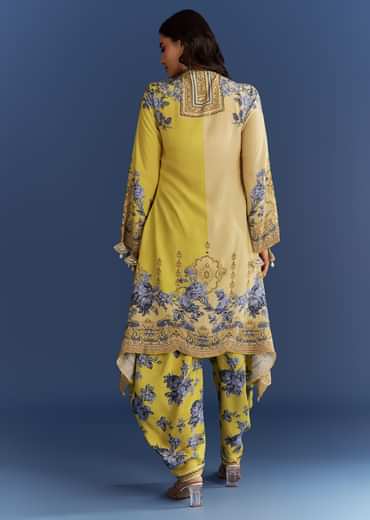 Light Lime Green Cotton Muslin Kurta With Floral Print Dhoti