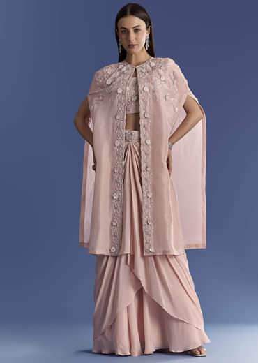 Light Peach Tissue Cape Set With Embroidered Croptop And Skirt