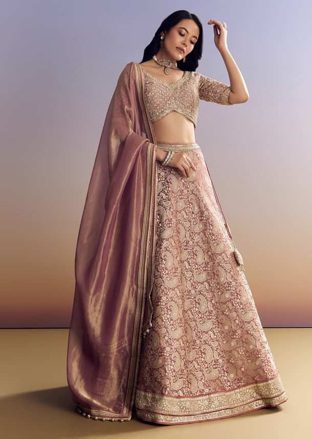 Light Pink Banarasi Silk Lehenga Set With Embroidered Choli