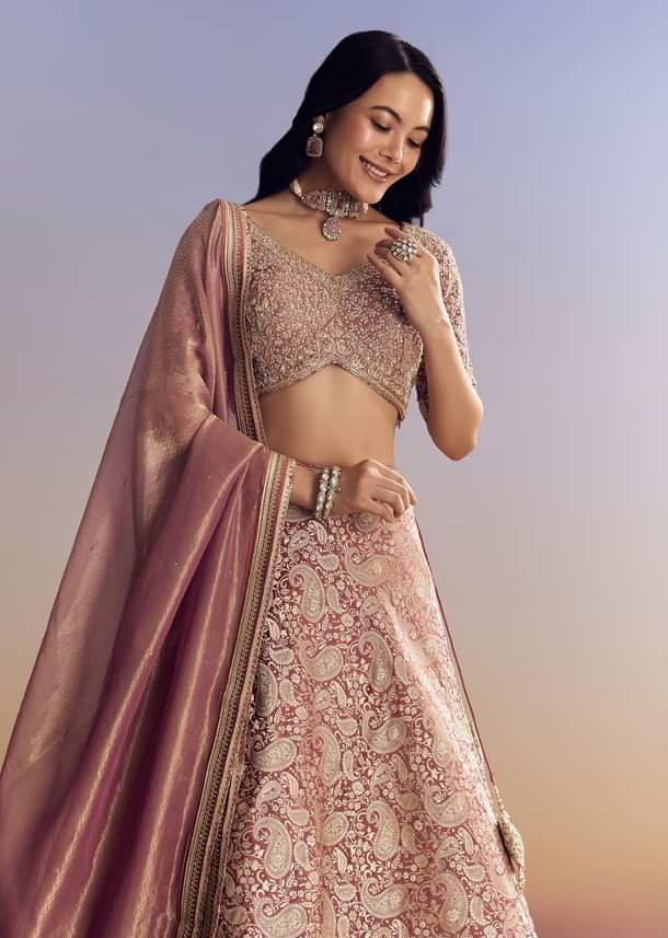 Light Pink Banarasi Silk Lehenga Set With Embroidered Choli