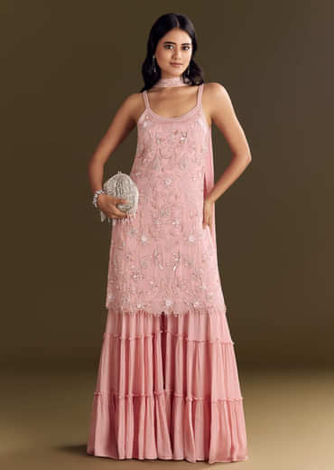 Light Pink Chinon Embroidered Kurta Sharara With Choker Dupatta