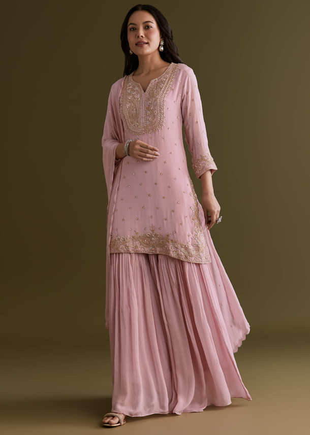 Light Pink Chinon Sharara Suit With Zardosi Embroidered Dupatta Light Pink Chinon Sharara Suit With Zardosi Embroidered Dupatta
