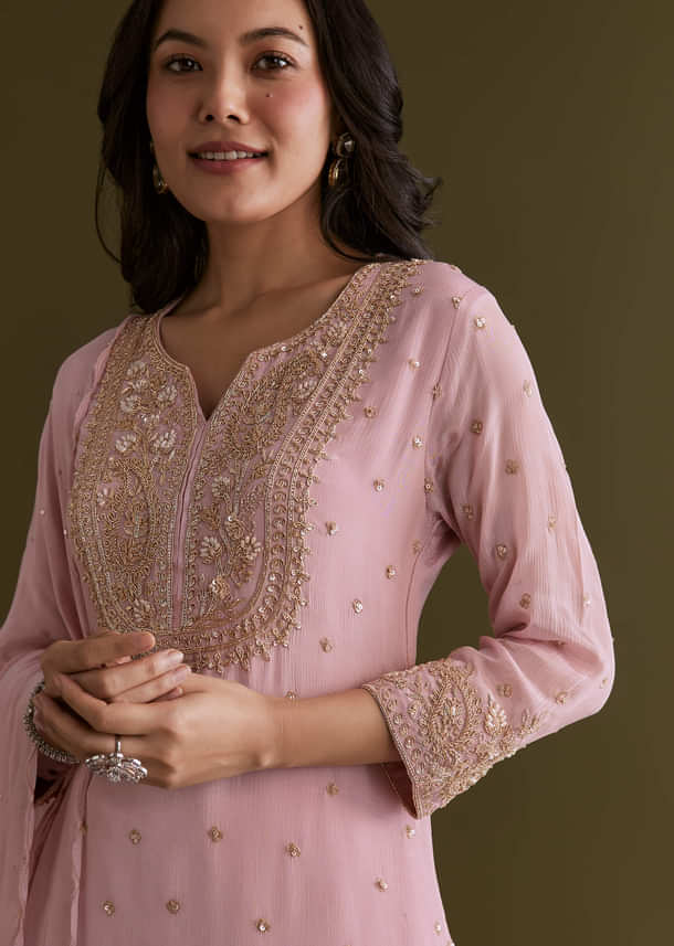 Light Pink Chinon Sharara Suit With Zardosi Embroidered Dupatta Light Pink Chinon Sharara Suit With Zardosi Embroidered Dupatta