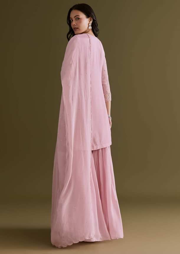 Light Pink Chinon Sharara Suit With Zardosi Embroidered Dupatta Light Pink Chinon Sharara Suit With Zardosi Embroidered Dupatta