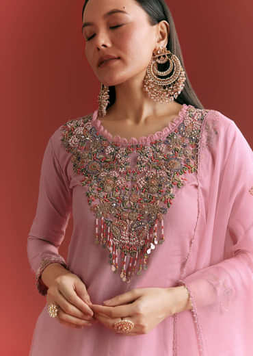 Light Pink Organza Kurta Sharara Suit With Embroidery