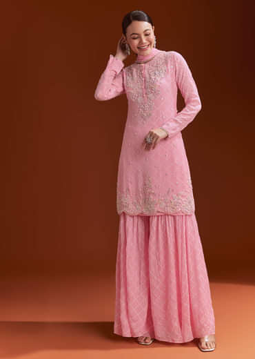 Light Pink Printed Chinon Sharara Set With Cut Dana And Sequins