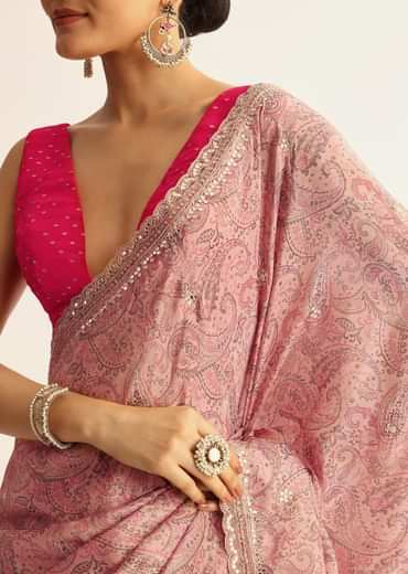 Light Pink Printed Tissue Saree With Scallop Embroidered Border