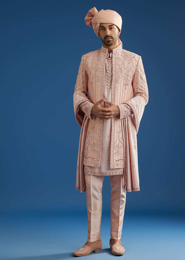 Light Pink Raw Silk Sherwani Set With Hand Work In Chanderi And Dola Silk