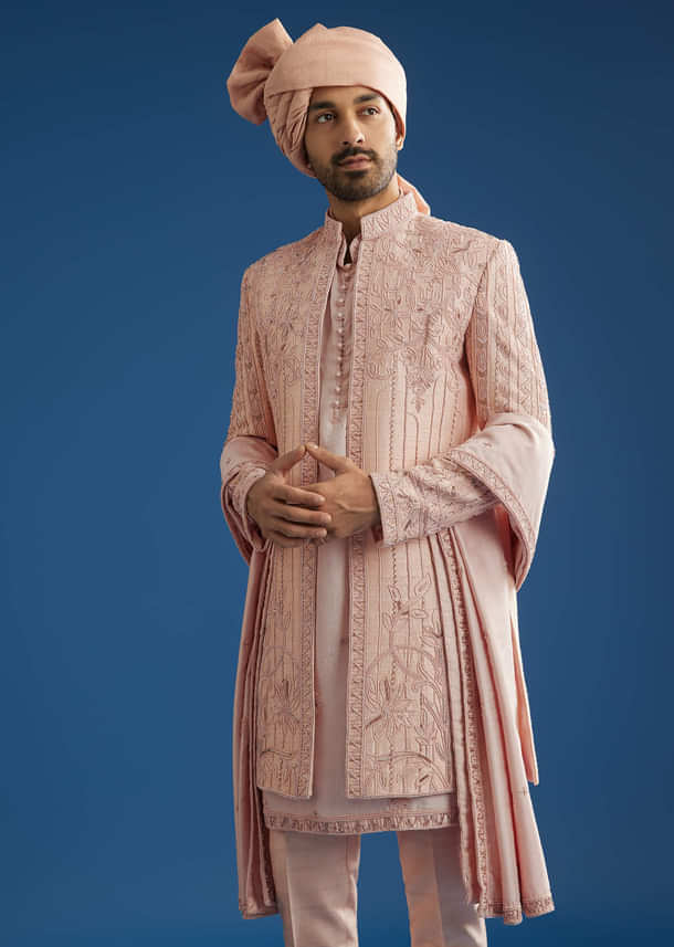 Light Pink Raw Silk Sherwani Set With Hand Work In Chanderi And Dola Silk