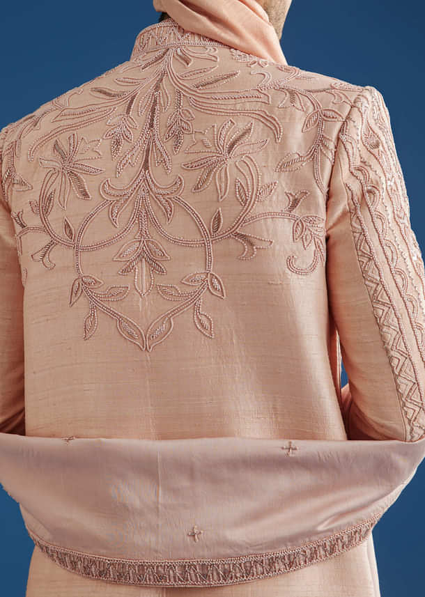 Light Pink Raw Silk Sherwani Set With Hand Work In Chanderi And Dola Silk