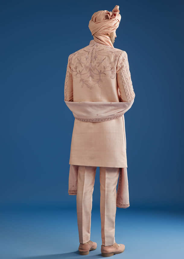 Light Pink Raw Silk Sherwani Set With Hand Work In Chanderi And Dola Silk