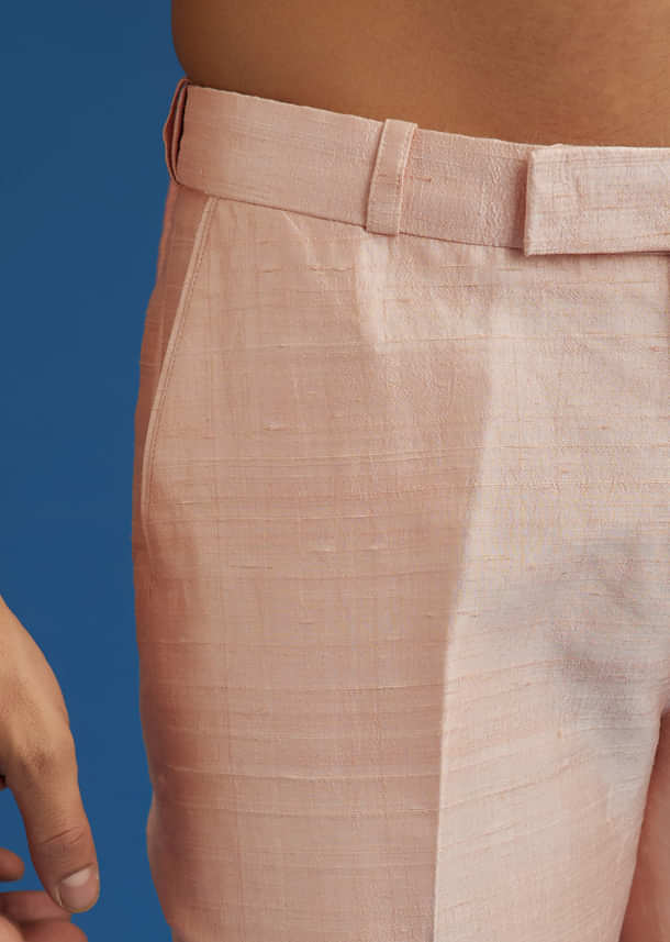 Light Pink Raw Silk Sherwani Set With Hand Work In Chanderi And Dola Silk