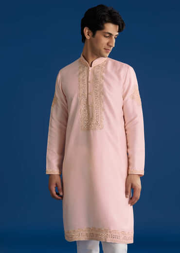 Light Pink Silk Mirror Threadwork Kurta Set