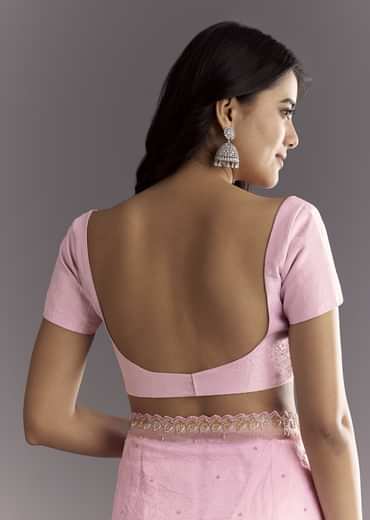 Light Pink Tissue Embroidered Saree With Cutwork Scallop Border