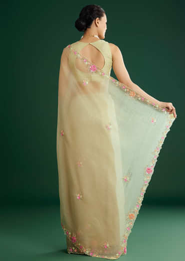 Light Pista Crushed Tissue Saree With Floral Embroidery