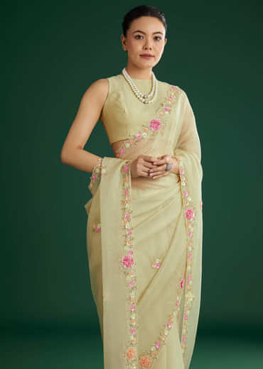 Light Pista Crushed Tissue Saree With Floral Embroidery