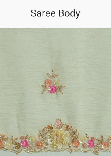 Light Pista Crushed Tissue Saree With Floral Embroidery