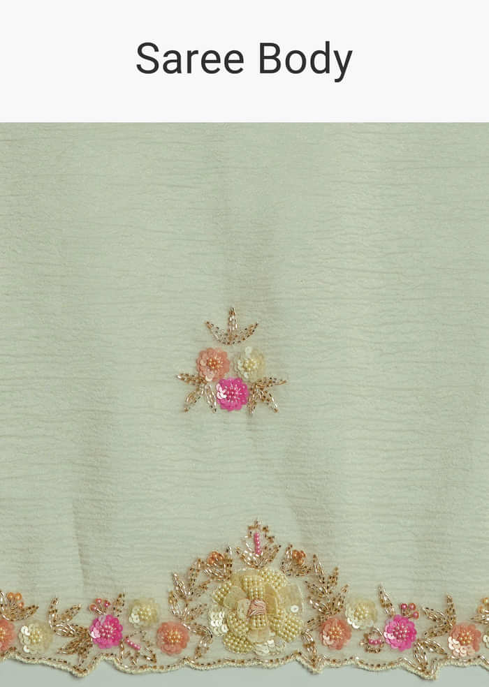Light Pista Crushed Tissue Saree With Floral Embroidery