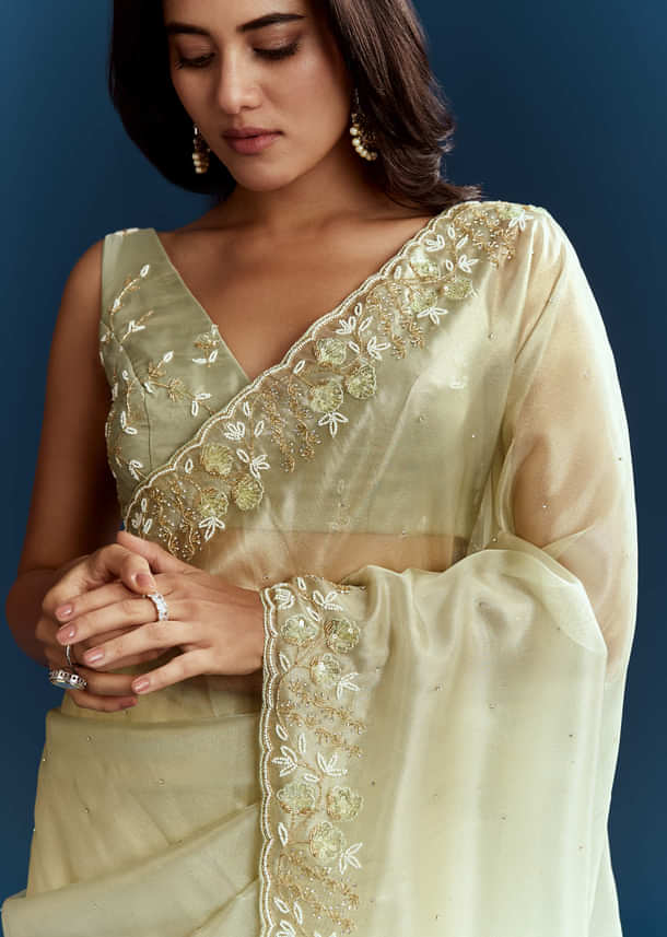 Light Pista Organza Saree With Floral Cutdana And Stone Embroidery Light Pista Organza Saree With Floral Cutdana And Stone Embroidery