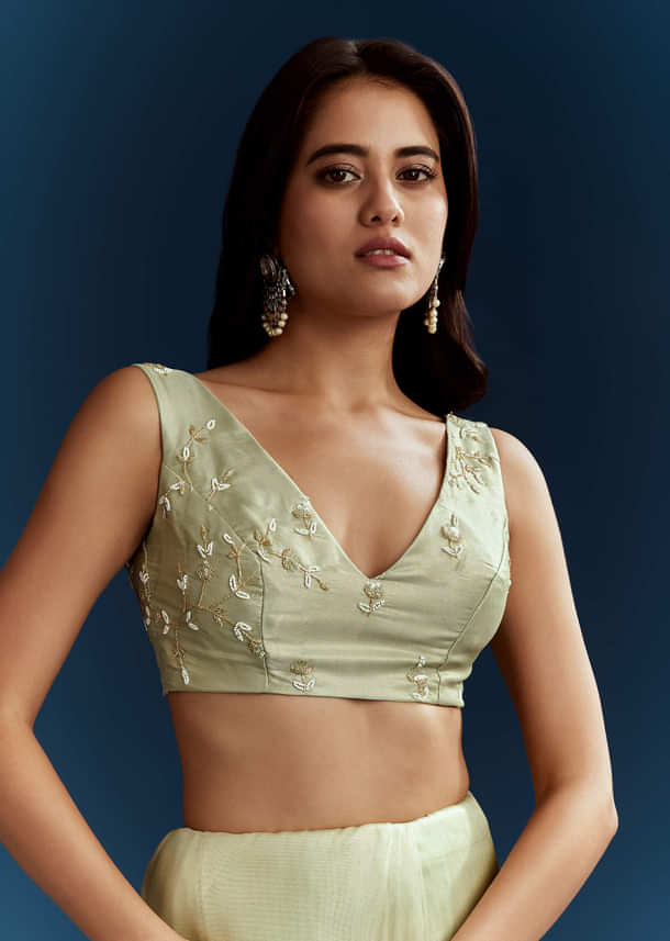 Light Pista Organza Saree With Floral Cutdana And Stone Embroidery Light Pista Organza Saree With Floral Cutdana And Stone Embroidery