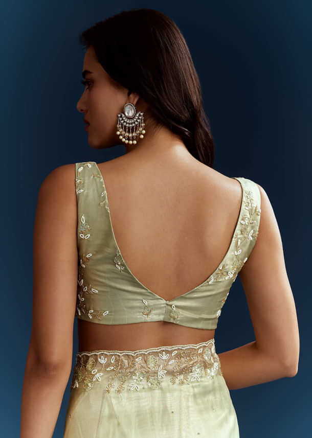 Light Pista Organza Saree With Floral Cutdana And Stone Embroidery Light Pista Organza Saree With Floral Cutdana And Stone Embroidery