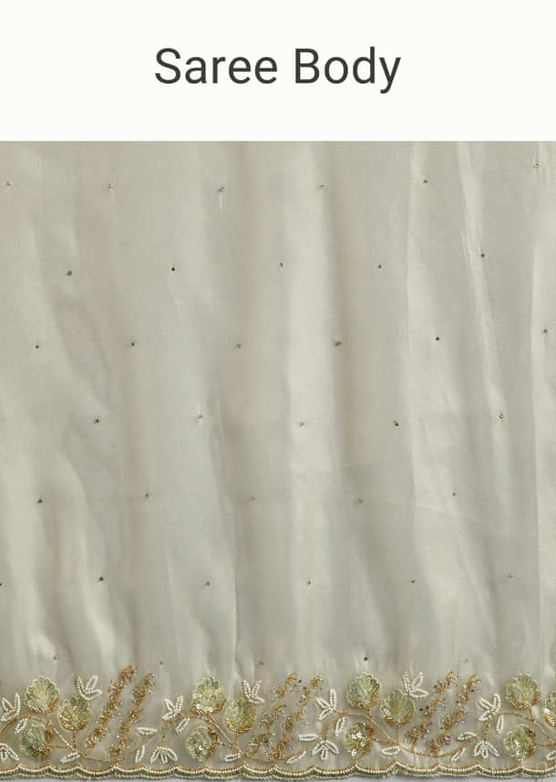 Light Pista Organza Saree With Floral Cutdana And Stone Embroidery Light Pista Organza Saree With Floral Cutdana And Stone Embroidery