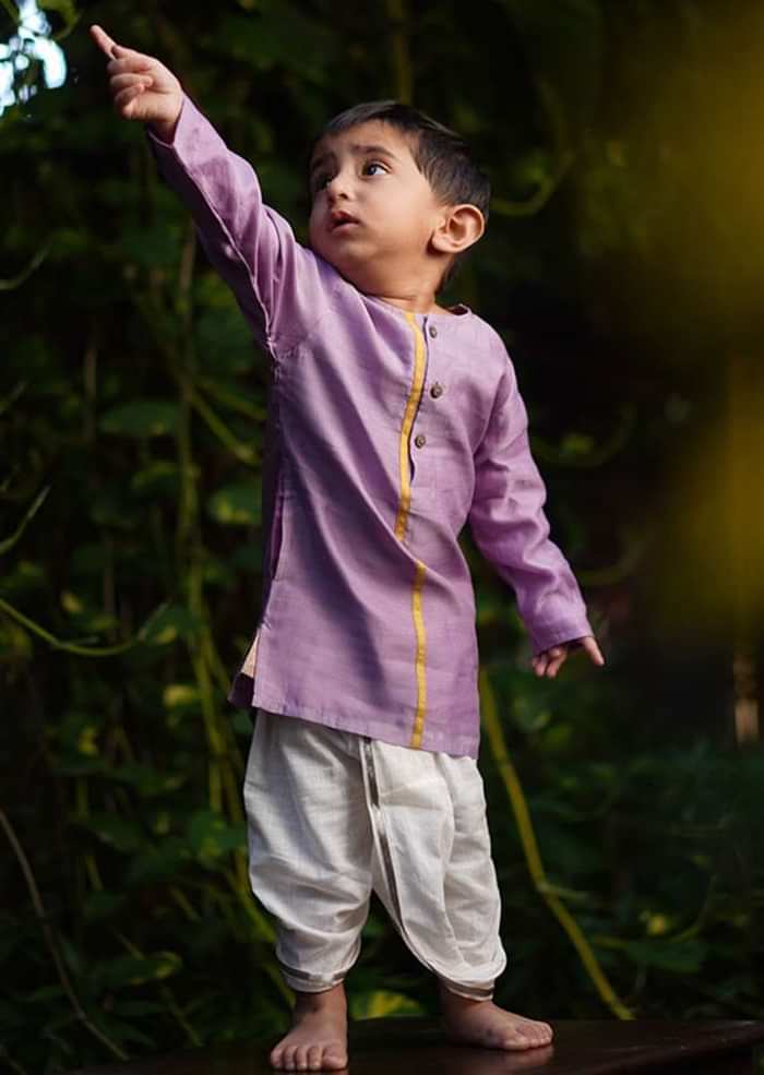 Kalki Boys Light Purple Kurta In Hand Woven Cotton Silk With Contrast Selvedge By Love The World Today