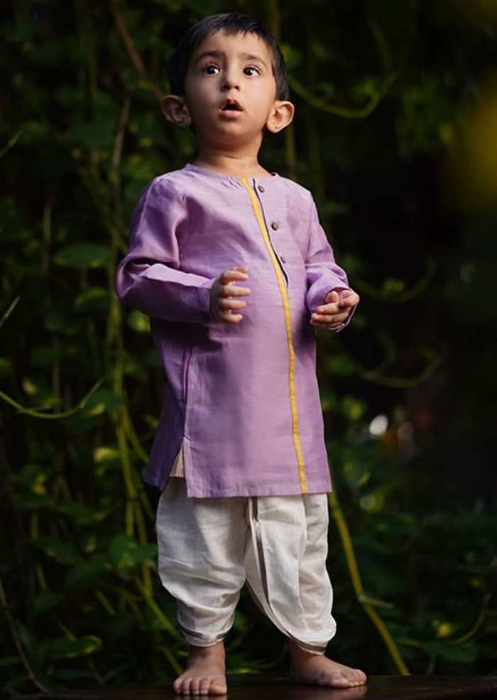 Kalki Boys Light Purple Kurta In Hand Woven Cotton Silk With Contrast Selvedge By Love The World Today