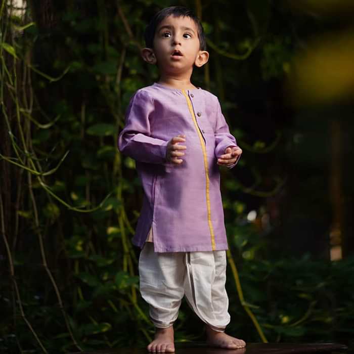 Kalki Boys Light Purple Kurta In Hand Woven Cotton Silk With Contrast Selvedge By Love The World Today
