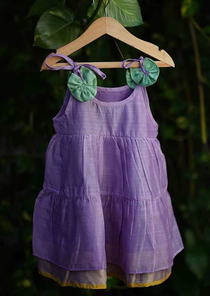 Kalki Girls Light Purple Tiered Dress In Cotton Silk With Adjustable Red Tie Ups On The Shoulder By Love The World Today