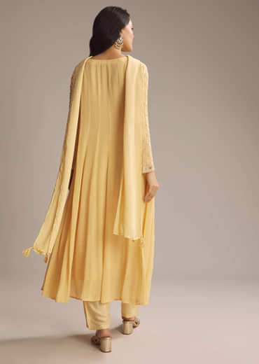 Light Yellow Chinon Anarkali Suit With Cutdana And Sequins Work