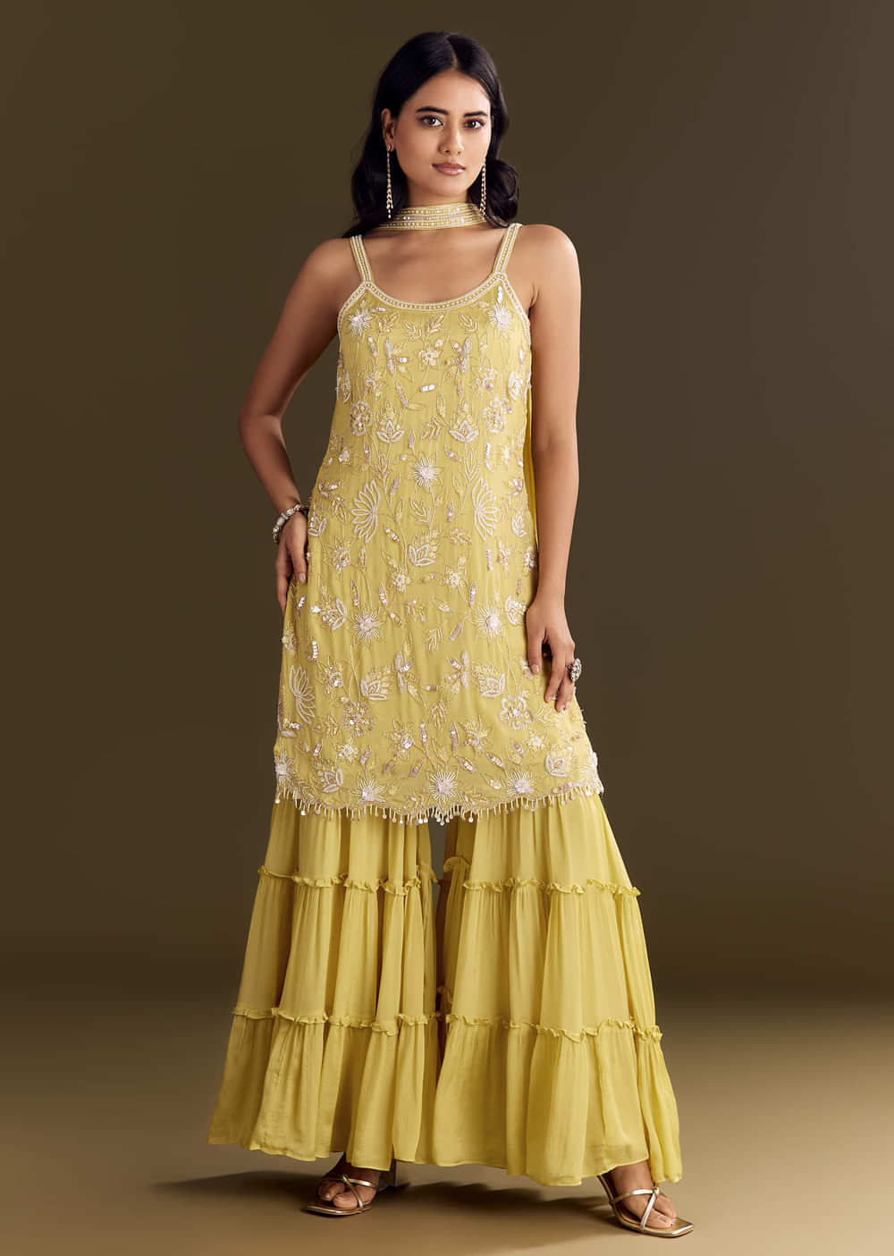 Light Yellow Chinon Embroidered Kurta Sharara With Choker Style Dupatta