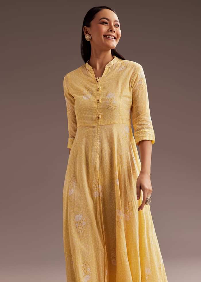 Light Yellow Floral Print Cotton Long Kurti