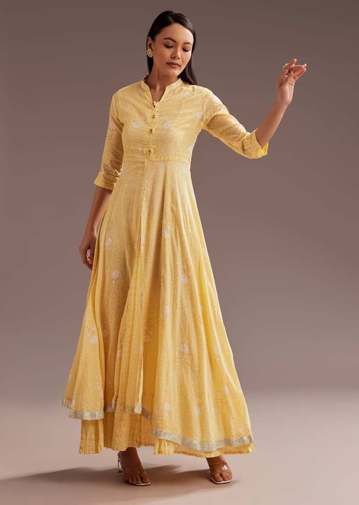 Light Yellow Floral Print Cotton Long Kurti