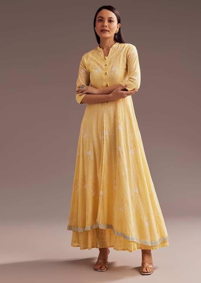 Light Yellow Floral Print Cotton Long Kurti